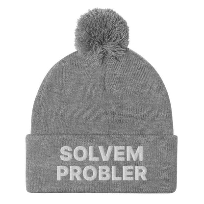 Solvem Probler Embroidered Knit Pom Beanie - Heather Grey