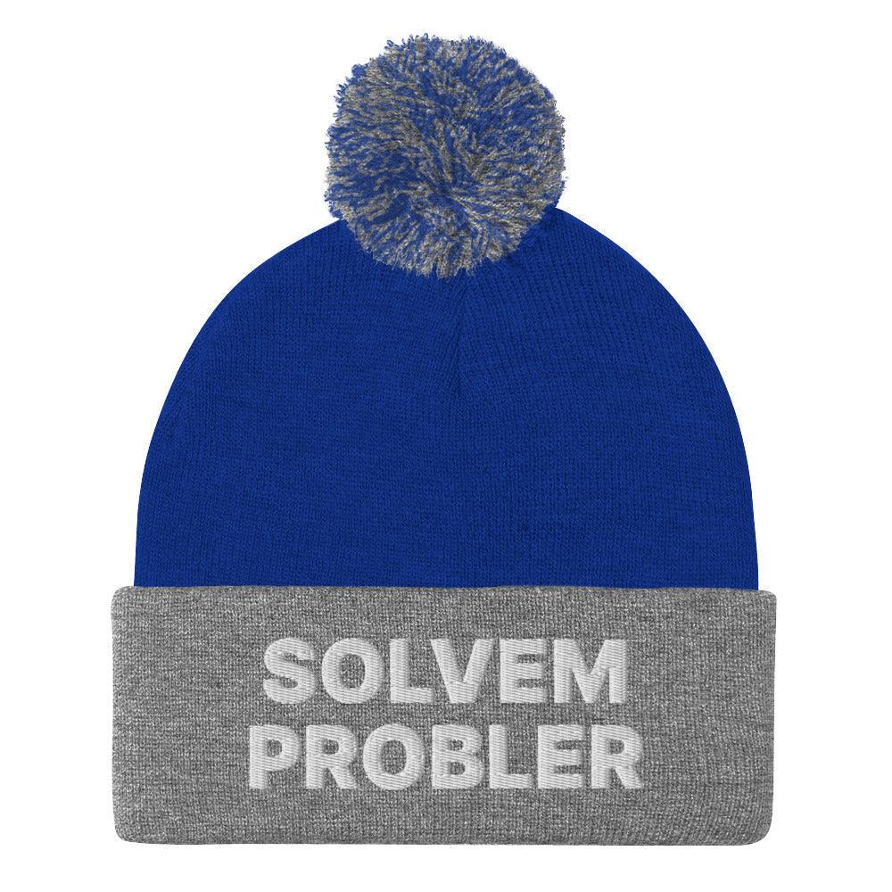 Solvem Probler Embroidered Knit Pom Beanie - Royal/ Heather Grey