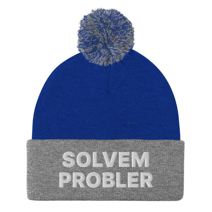 Solvem Probler Embroidered Knit Pom Beanie - Royal/ Heather Grey
