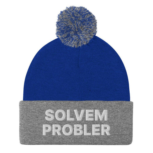 Solvem Probler Embroidered Knit Pom Pom Beanie - Royal/ Heather Grey