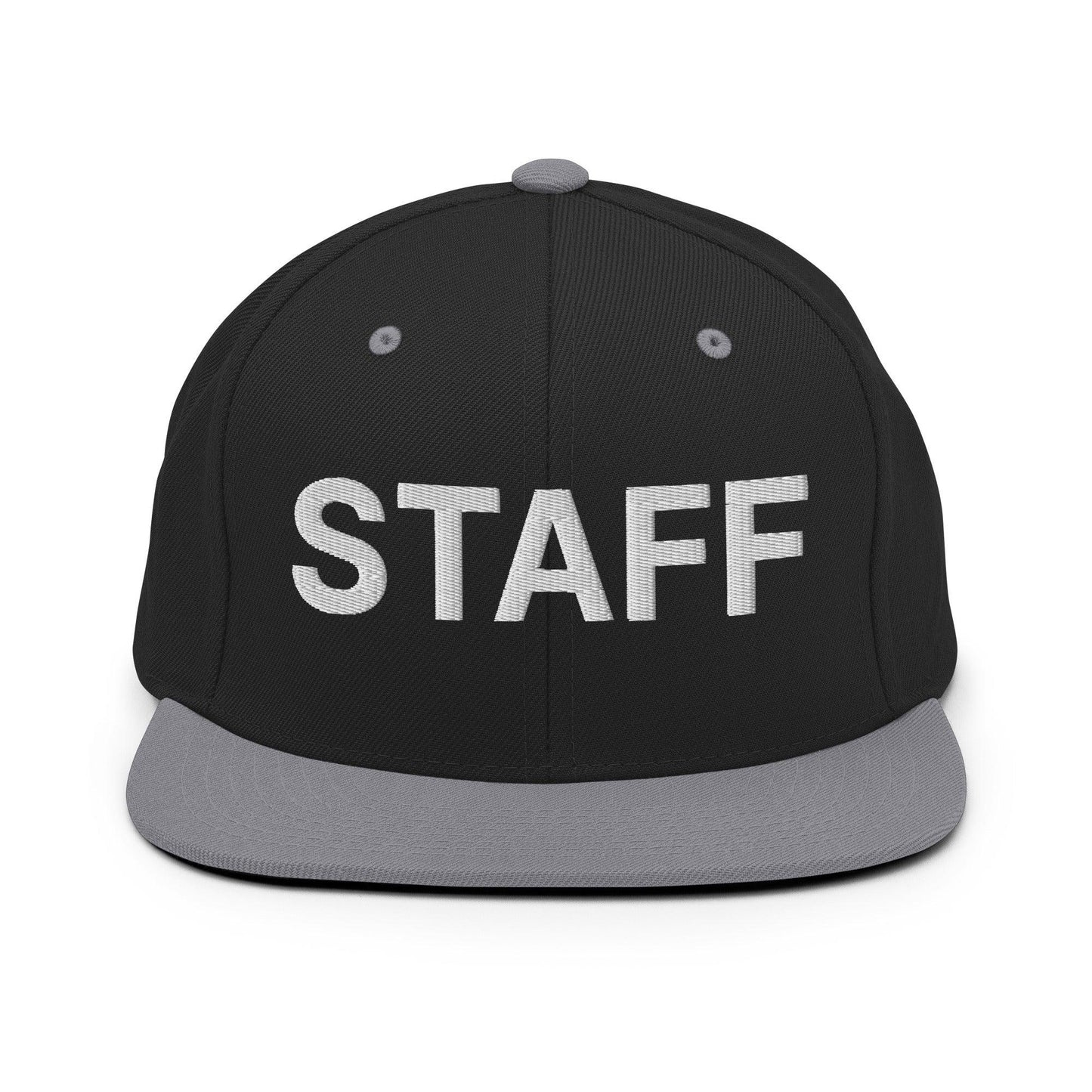 Staff Uniform Work Embroidered Flat Bill Brim Snapback Hat - Black/ Silver