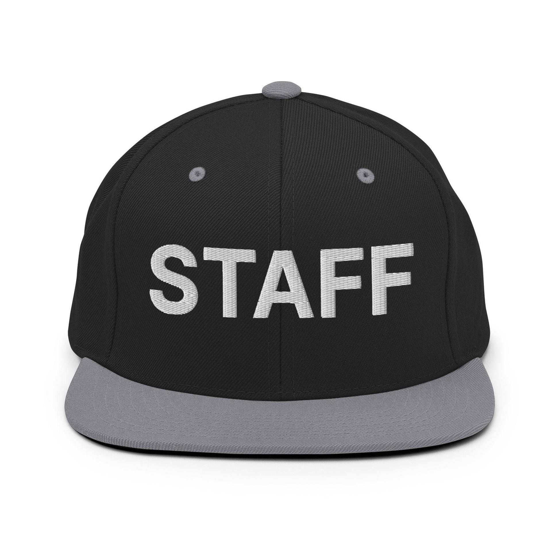 Staff Uniform Work Embroidered Flat Bill Brim Snapback Hat - Black/ Silver