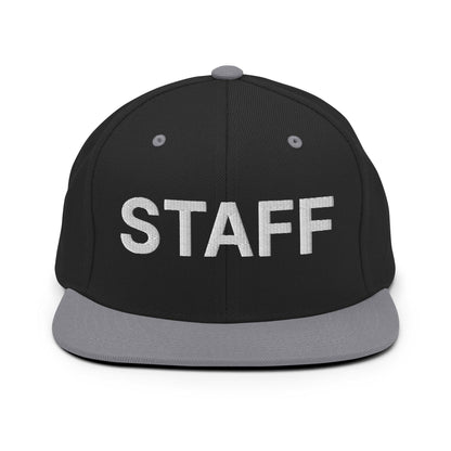 Staff Uniform Work Embroidered Flat Bill Brim Snapback Hat - Black/ Silver