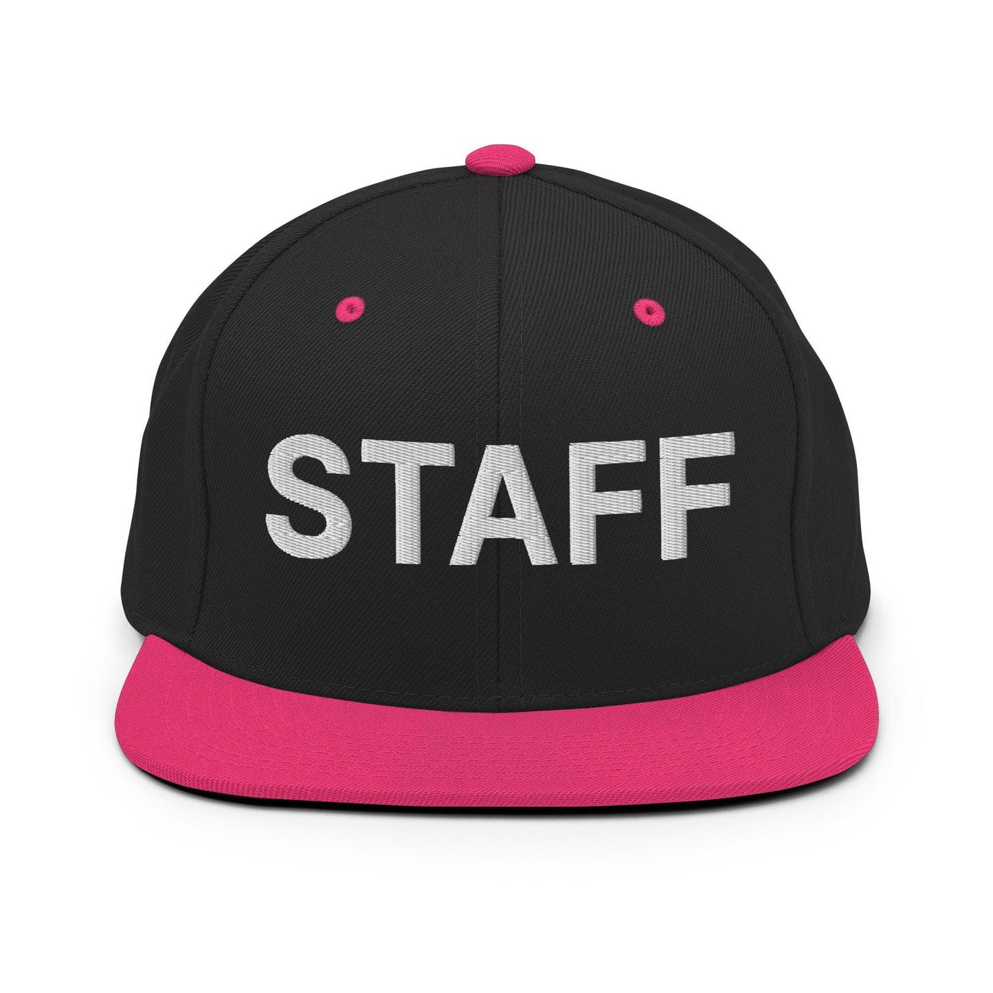 Staff Uniform Work Embroidered Flat Bill Brim Snapback Hat - Black/ Neon Pink