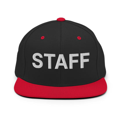 Staff Uniform Work Embroidered Flat Bill Brim Snapback Hat - Black/ Red