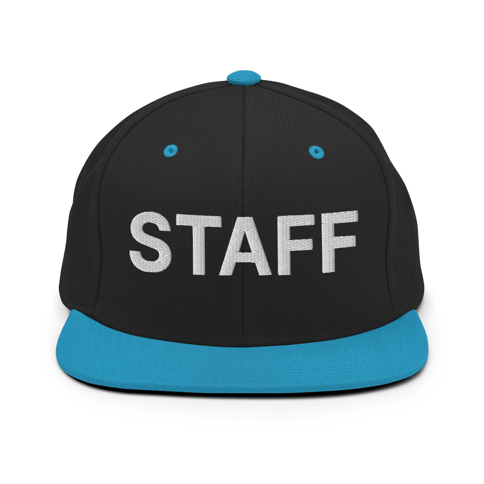 Staff Uniform Work Embroidered Flat Bill Brim Snapback Hat - Black/ Teal