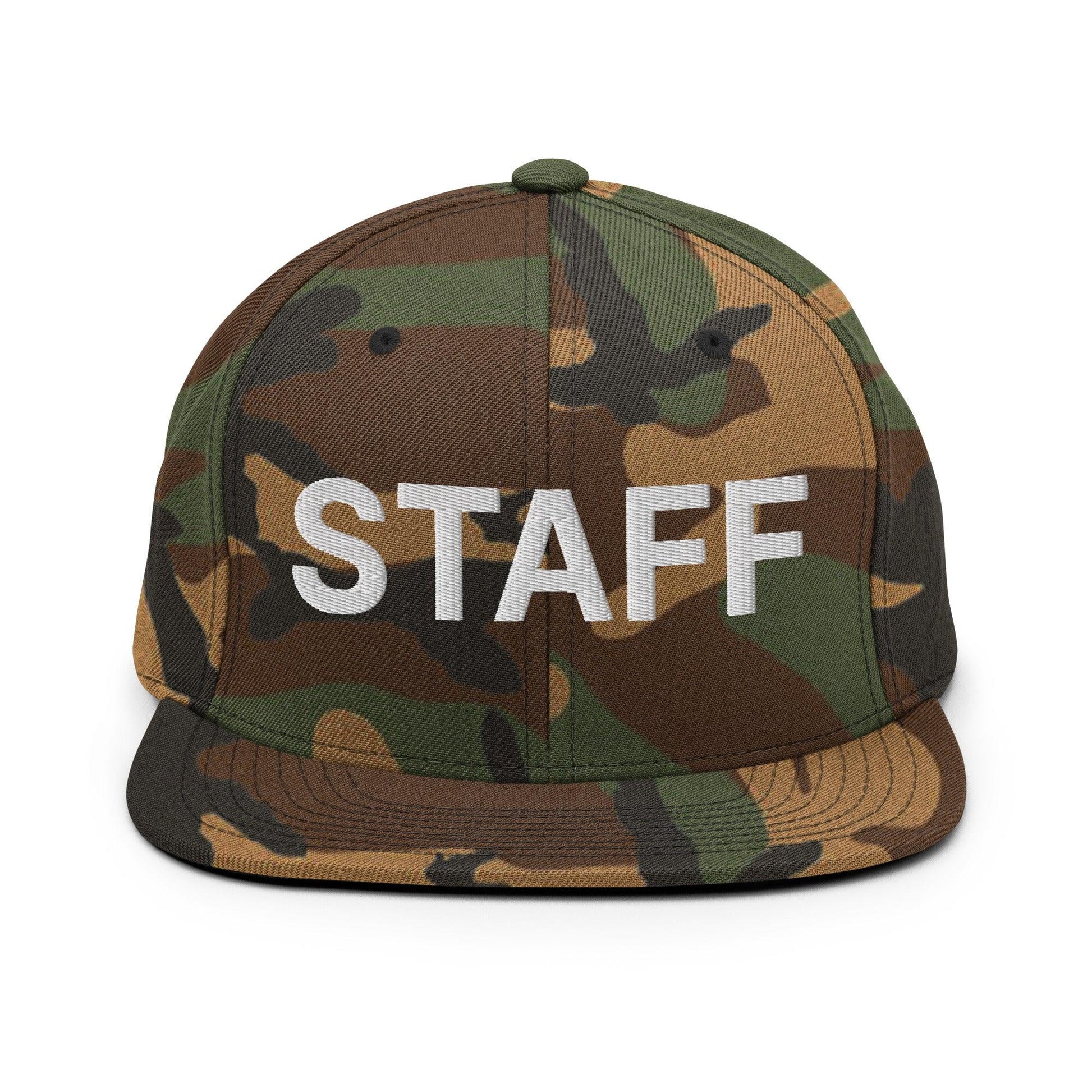 Staff Uniform Work Embroidered Flat Bill Brim Snapback Hat - Green Camo