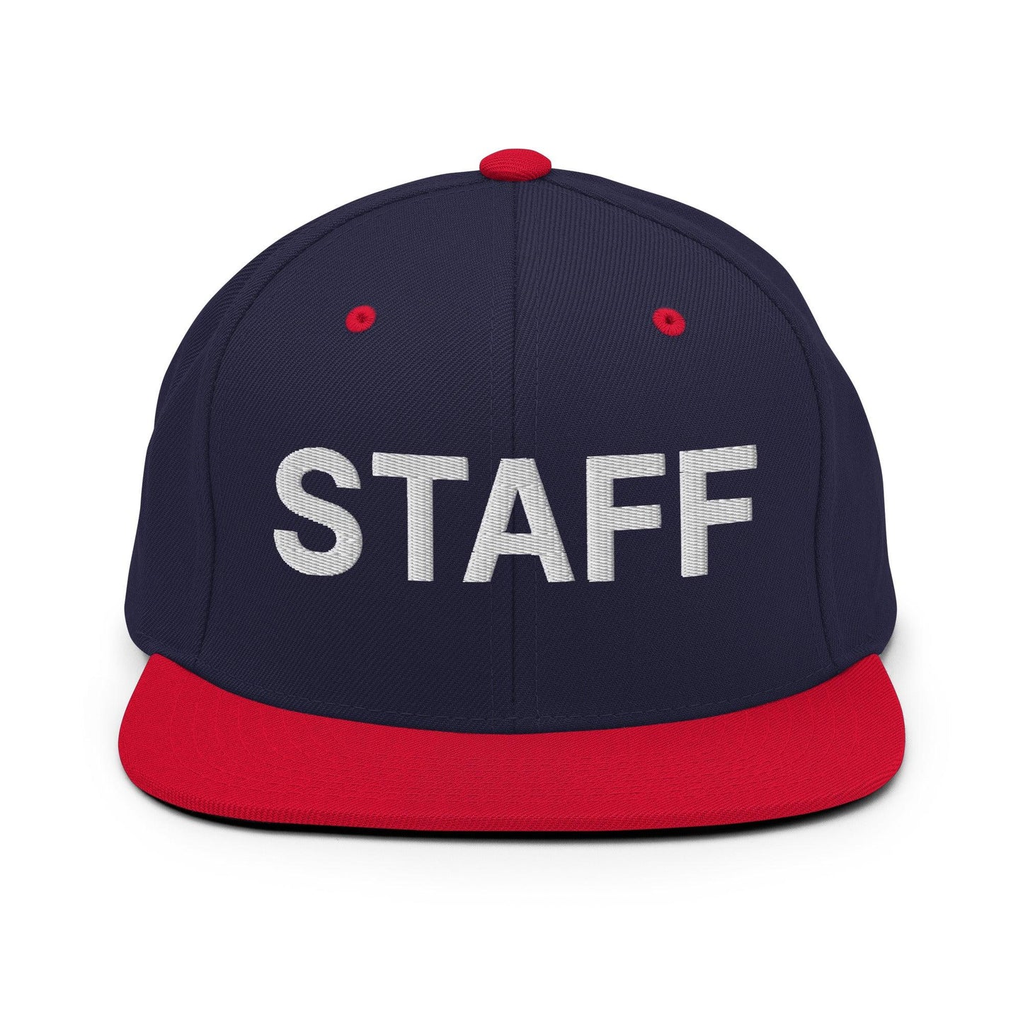 Staff Uniform Work Embroidered Flat Bill Brim Snapback Hat - Navy/ Red