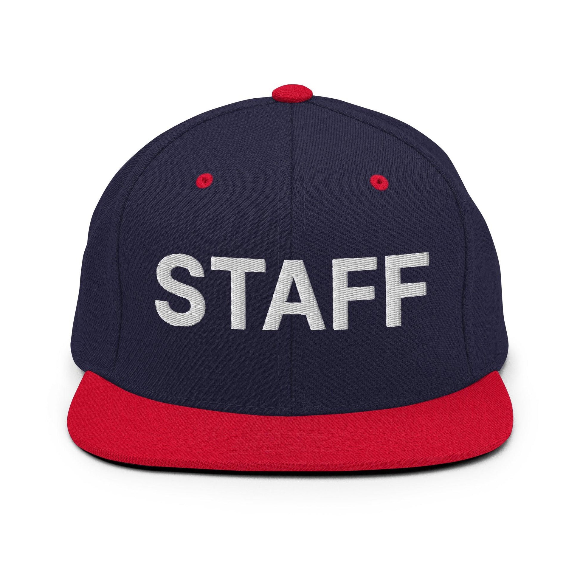 Staff Uniform Work Embroidered Flat Bill Brim Snapback Hat - Navy/ Red