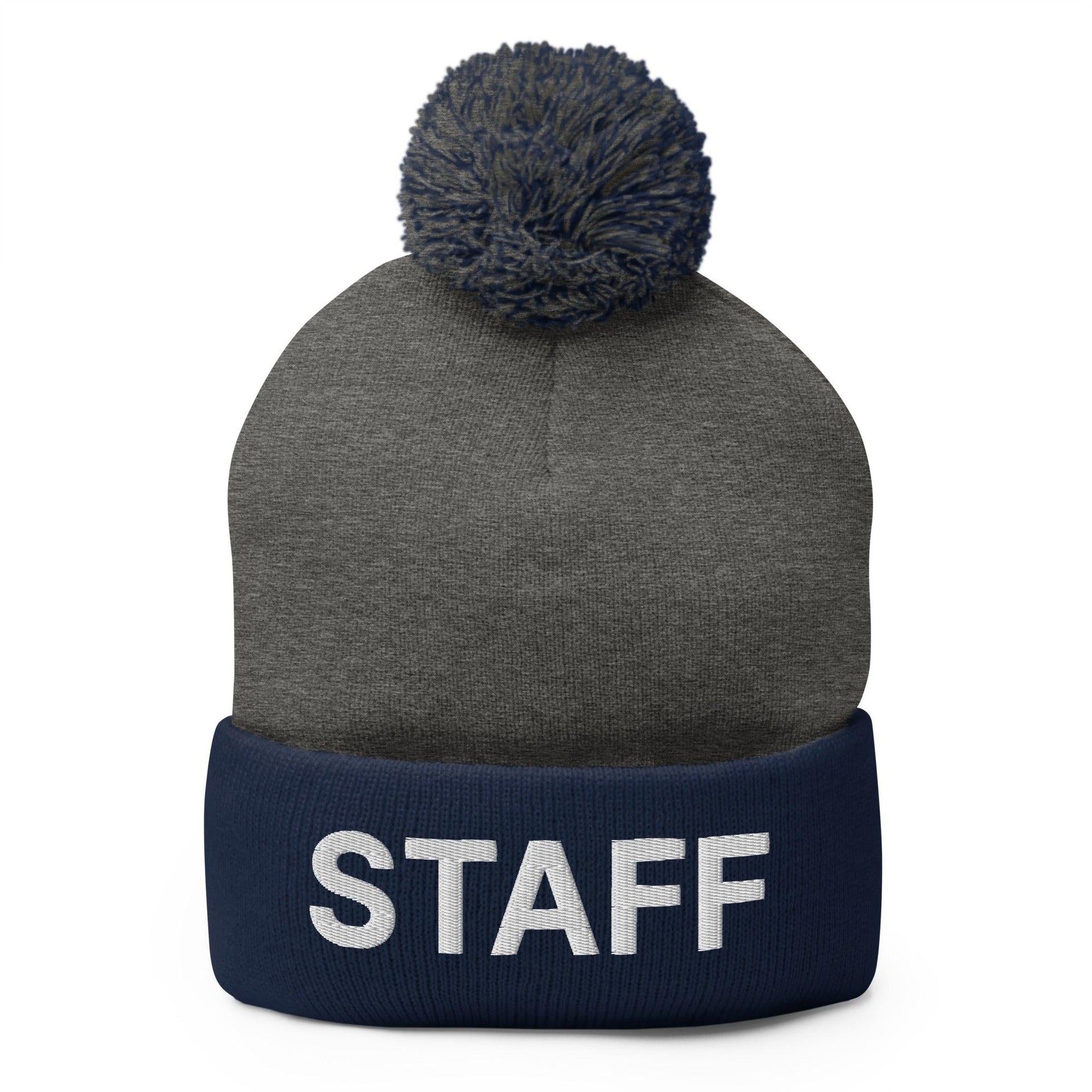 Staff Uniform Work Embroidered Knit Pom Beanie - Dark Heather Grey/ Navy