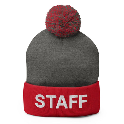 Staff Uniform Work Embroidered Knit Pom Beanie - Dark Heather Grey/ Red