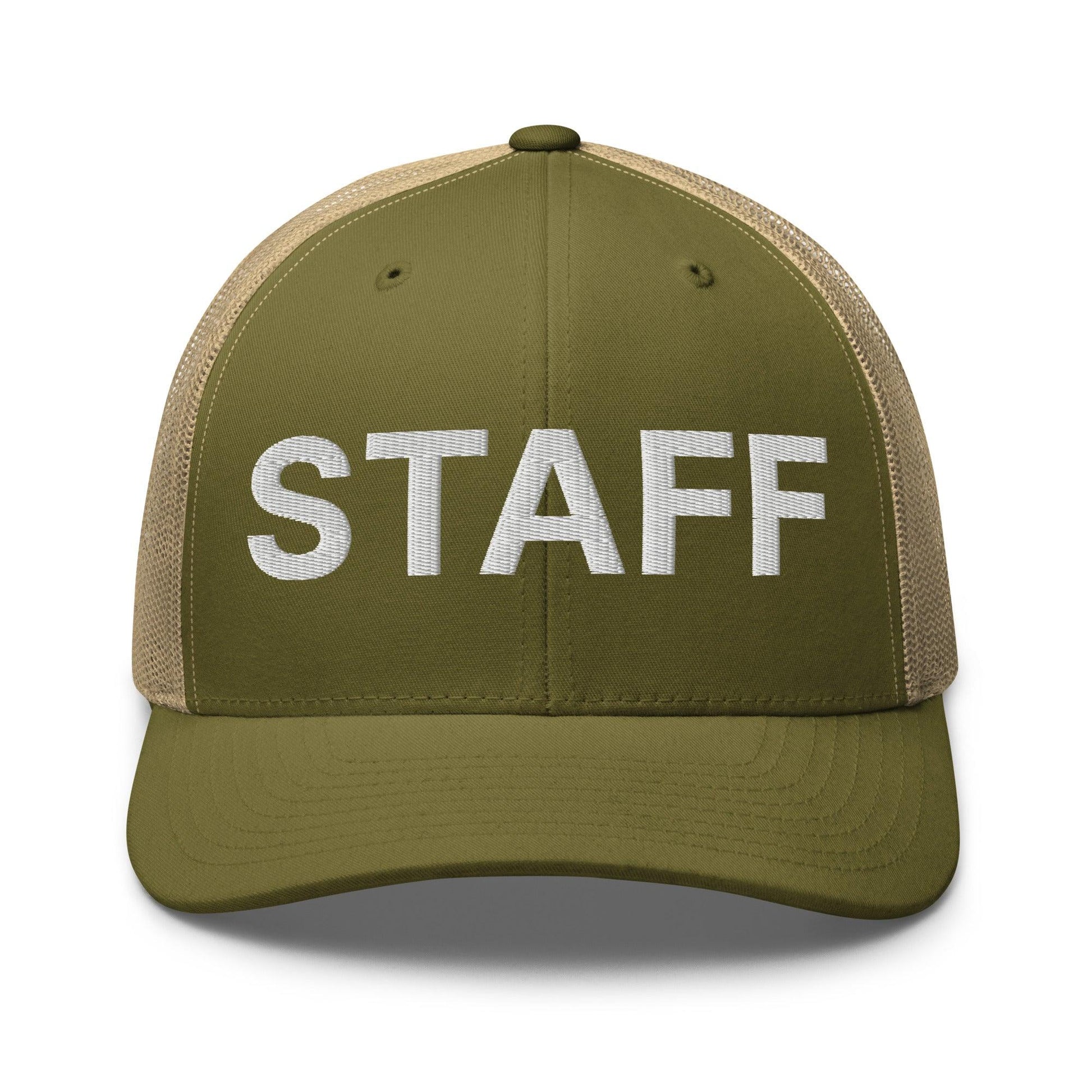 Staff Uniform Work Embroidered Mesh Trucker Hat - Moss/ Khaki
