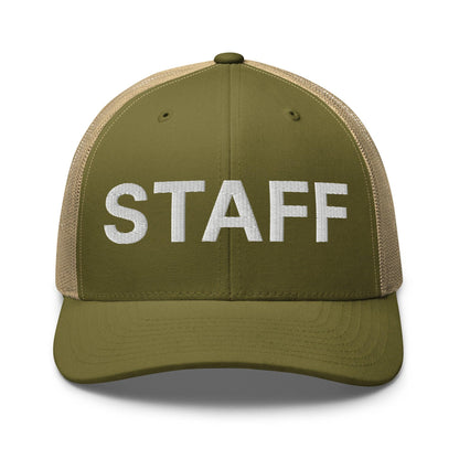 Staff Uniform Work Embroidered Mesh Trucker Hat - Moss/ Khaki