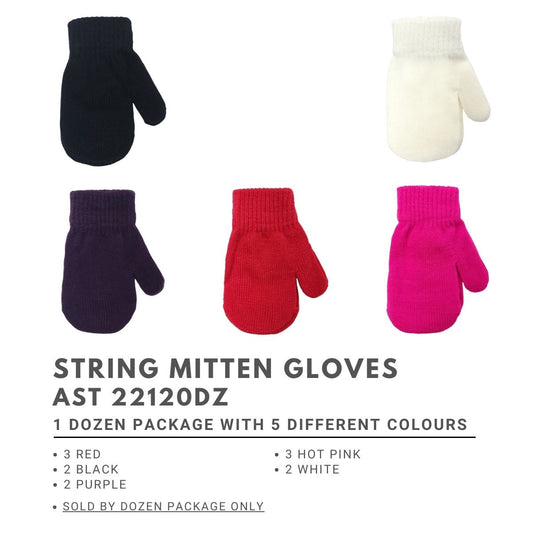 Toddler String Mitten Gloves - 20118AST Assorted Colour Dozen Package - (3 Red 3 Hot Pink 2 Black White Purple)
