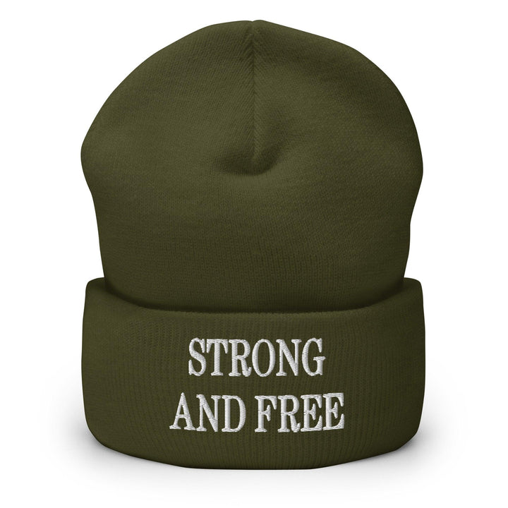Strong and Free Embroidered Knit Cuffed Beanie - Olive - Headwear - Winter