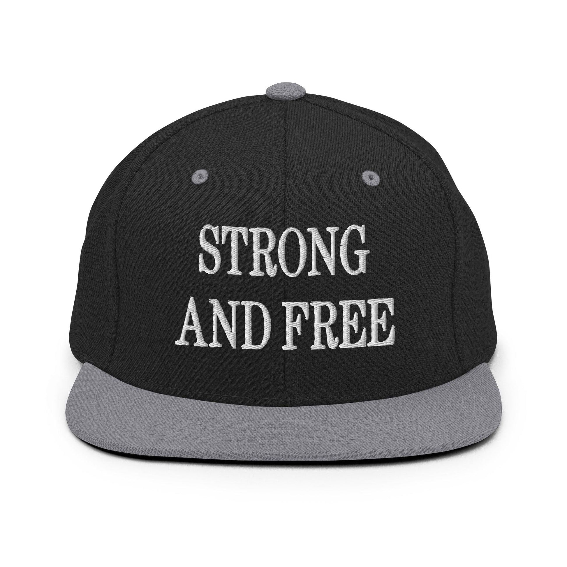 Strong and Free Embroidered Flat Bill Brim Snapback Hat - Black/ Silver