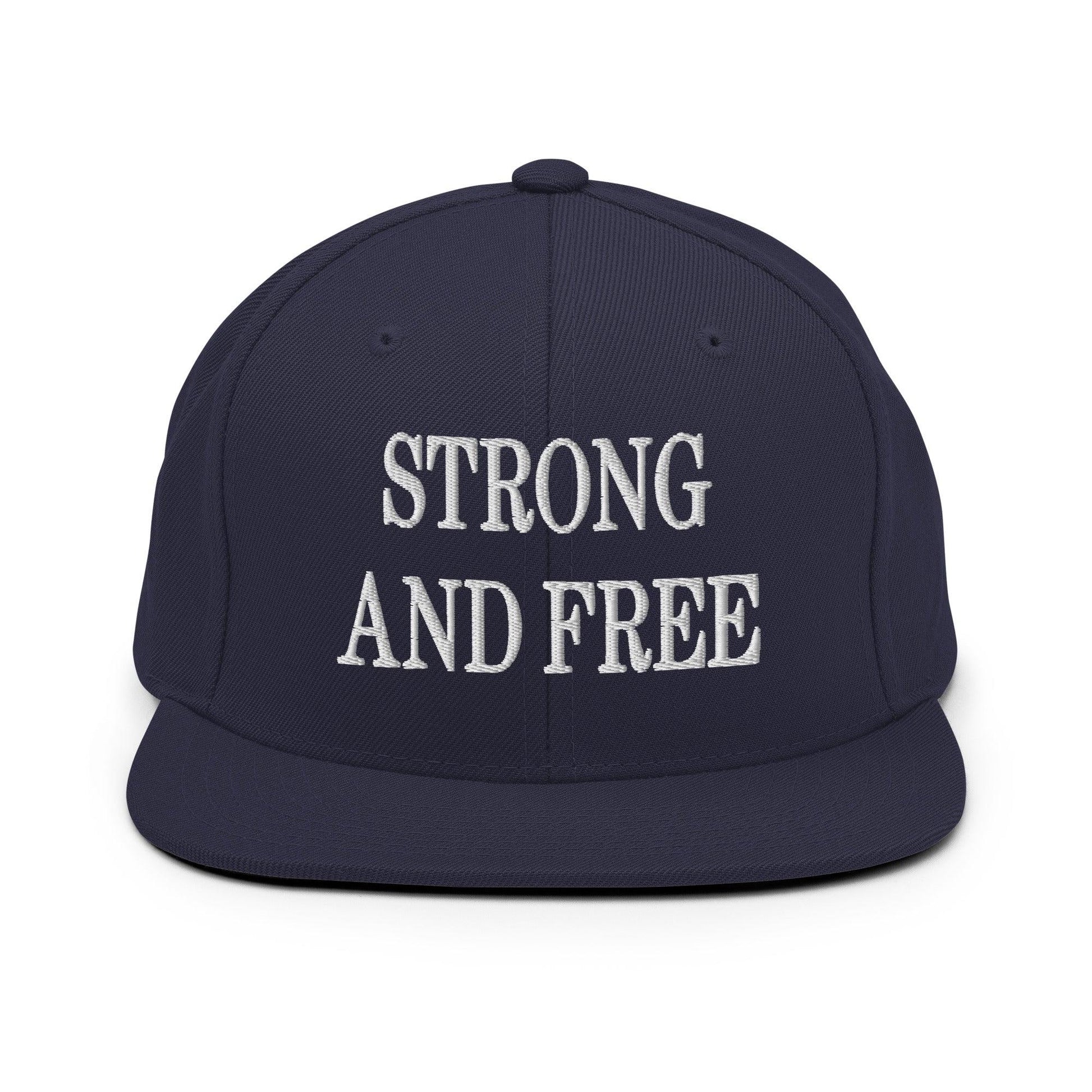 Strong and Free Embroidered Flat Bill Brim Snapback Hat - Navy