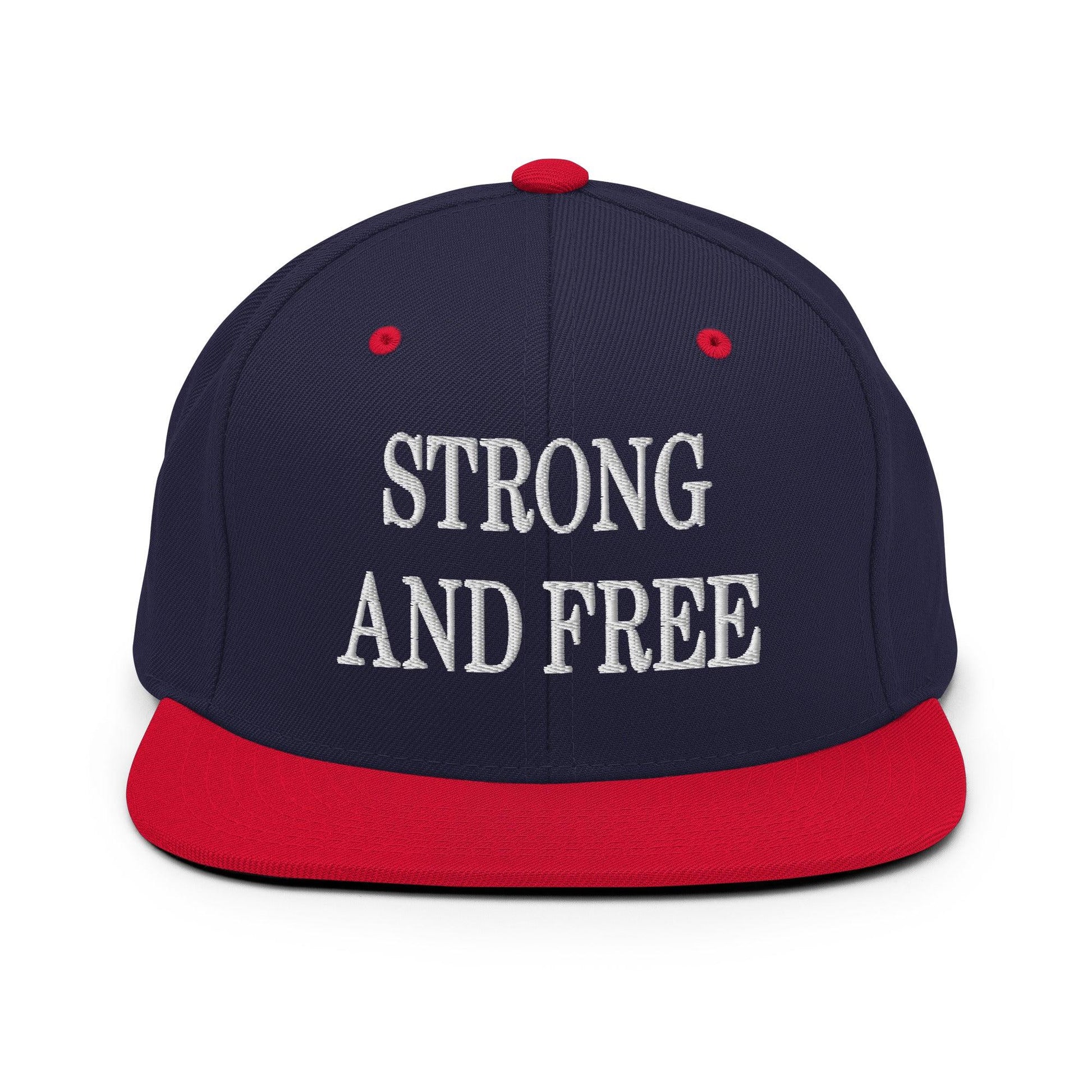 Strong and Free Embroidered Flat Bill Brim Snapback Hat - Navy/ Red