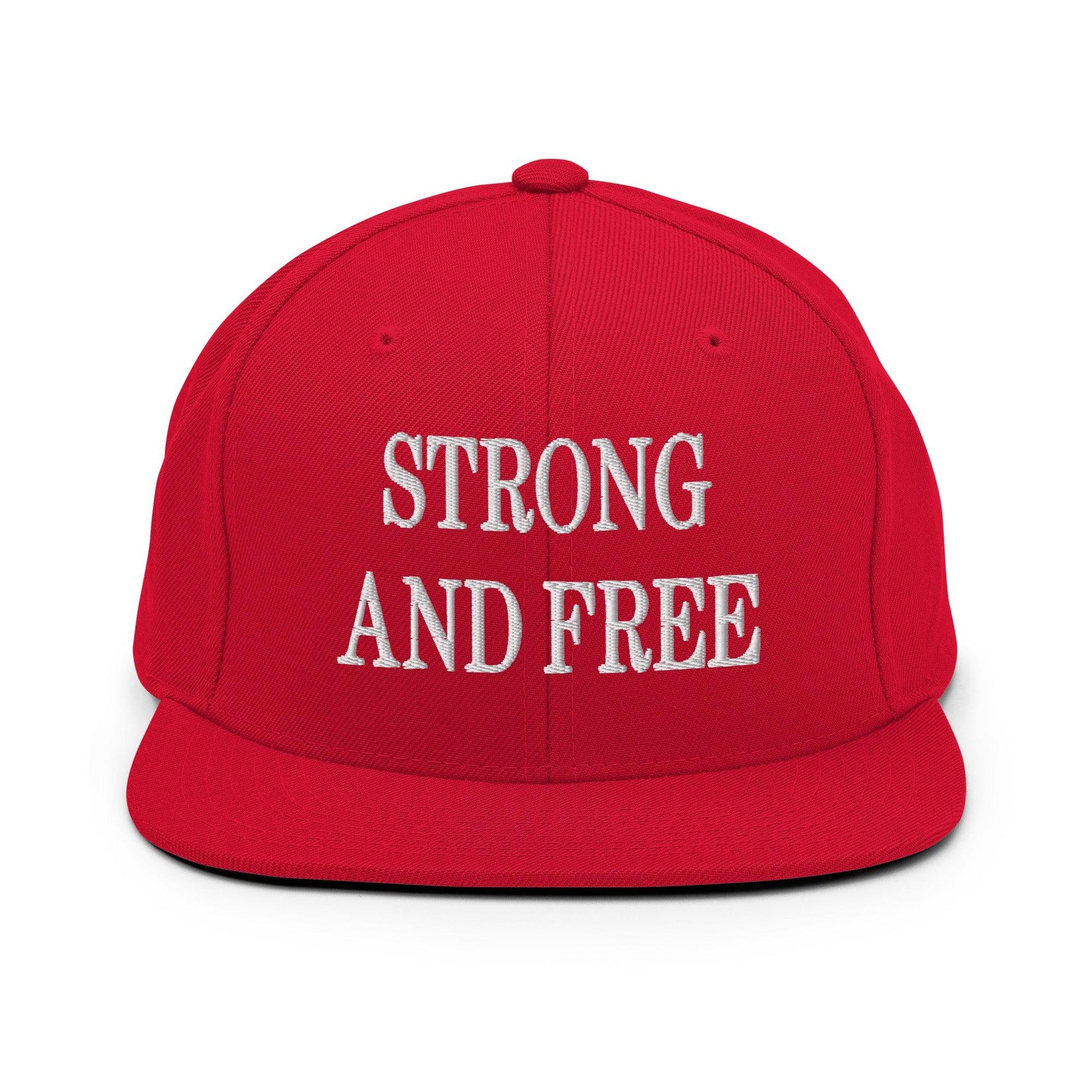 Strong and Free Embroidered Flat Bill Brim Snapback Hat - Red