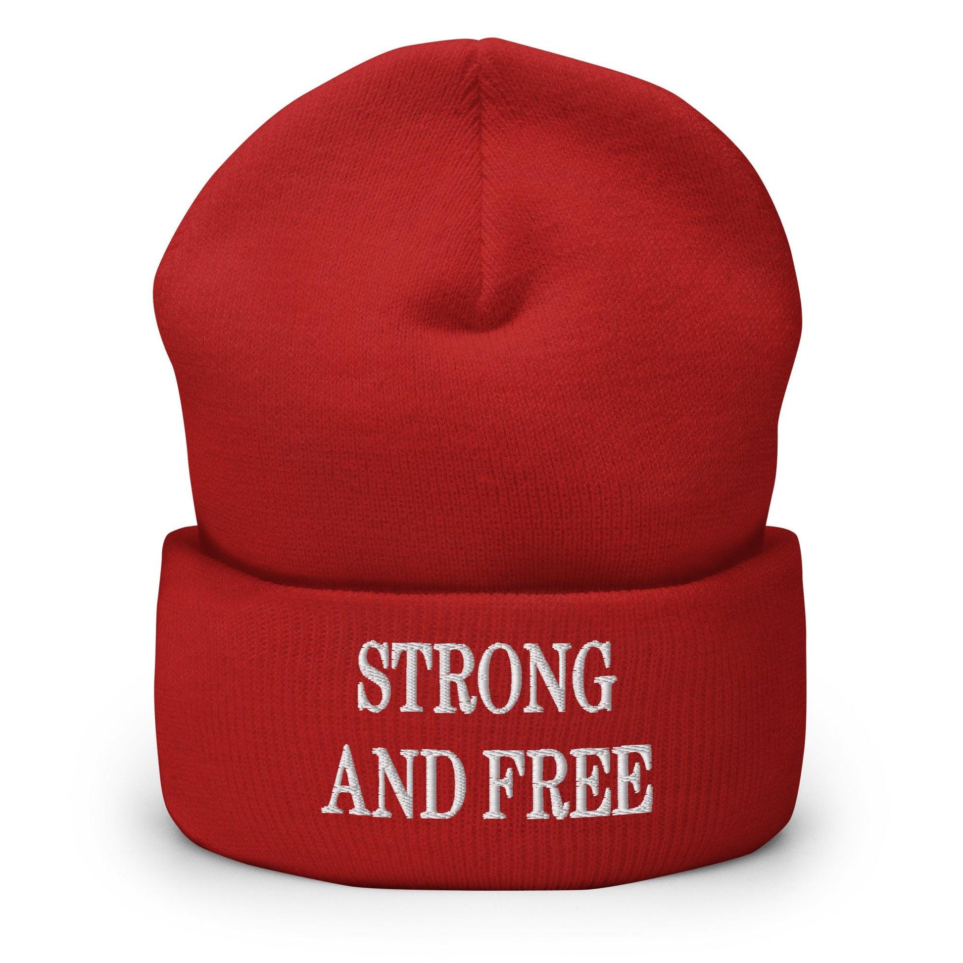 Strong and Free Embroidered Knit Cuffed Beanie - Red - Headwear - Winter