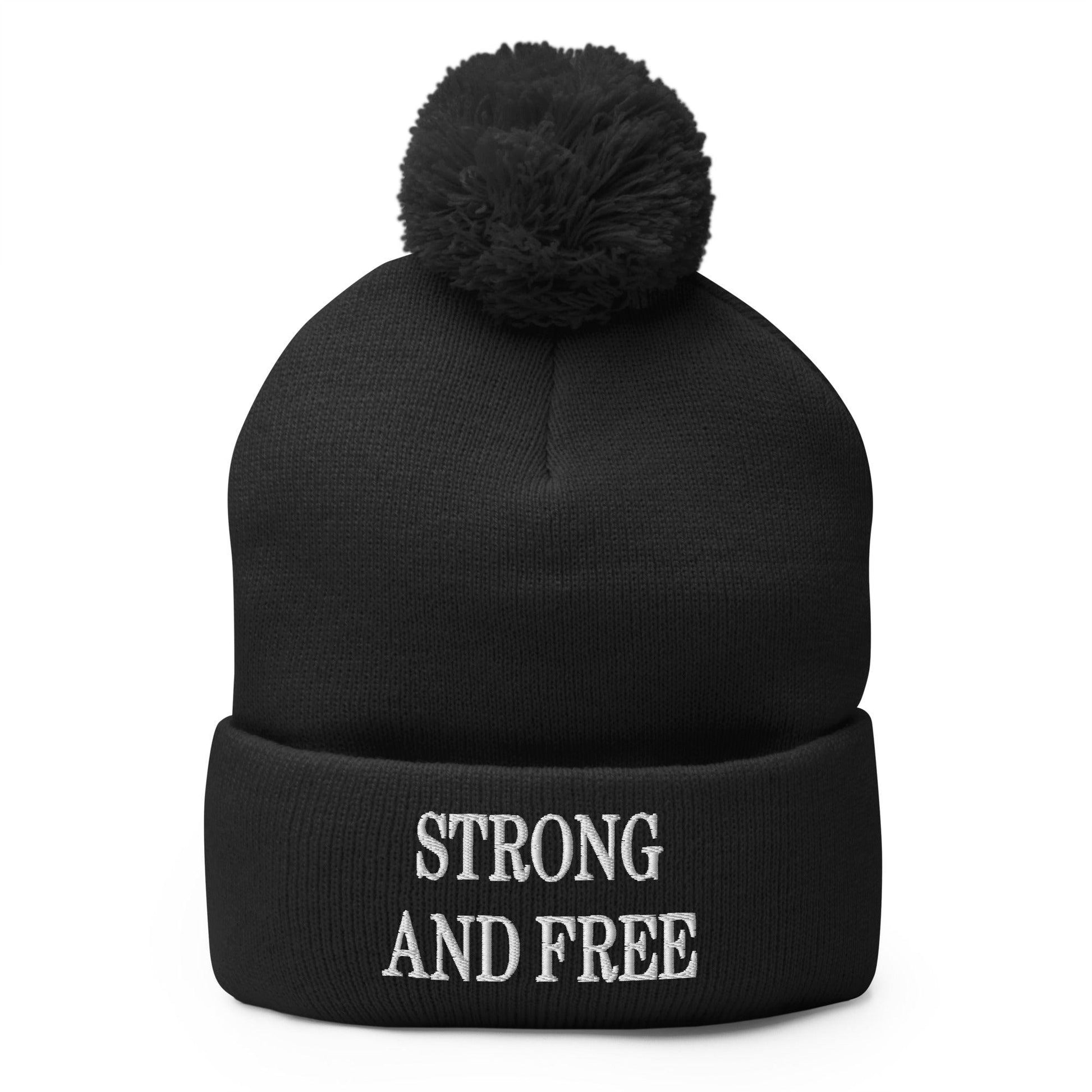 Strong and Free Embroidered Knit Pom Beanie - Black