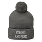 Strong and Free Embroidered Knit Pom Beanie - Dark Heather Grey