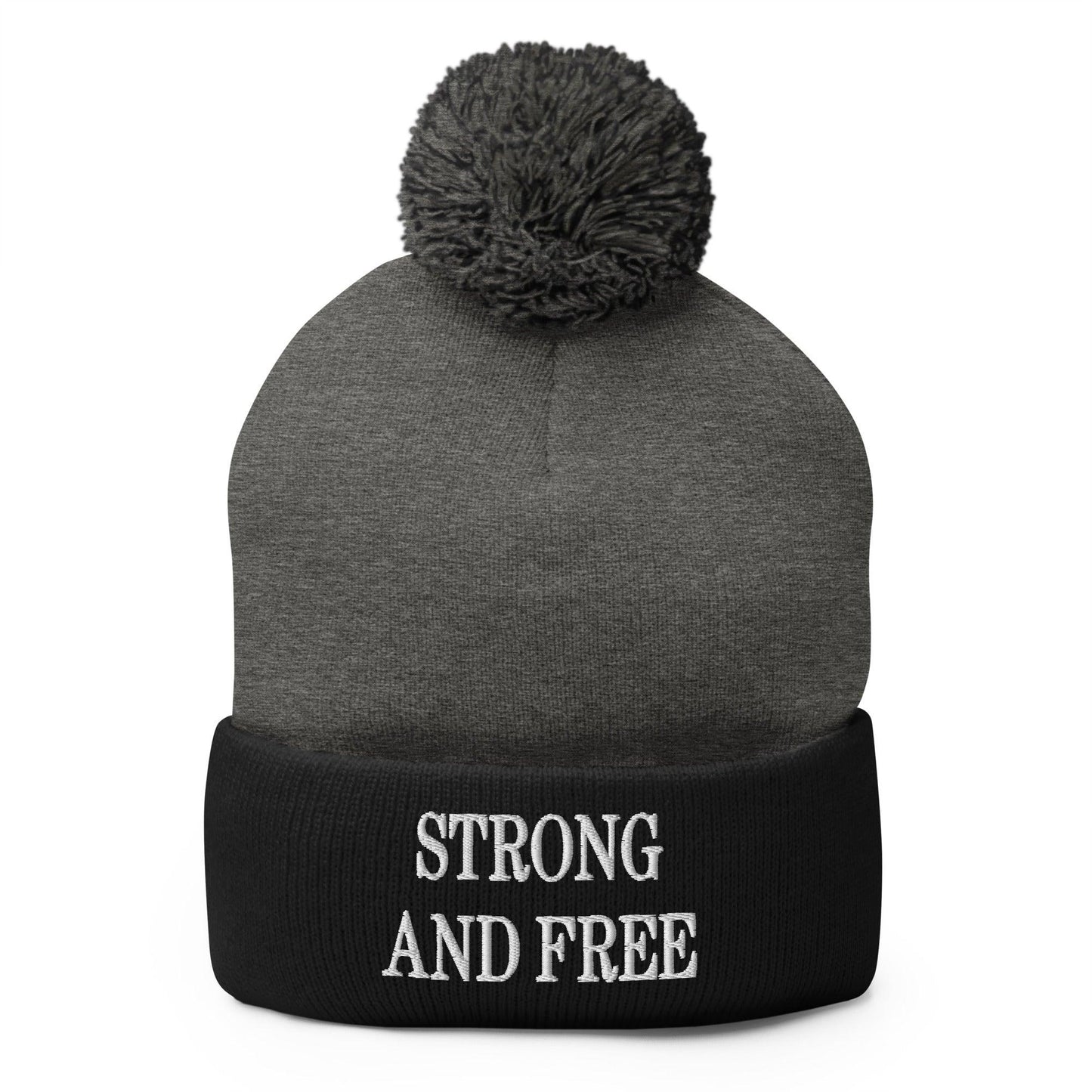 Strong and Free Embroidered Knit Pom Beanie - Dark Heather Grey/ Black