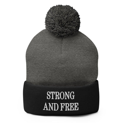 Strong and Free Embroidered Knit Pom Beanie - Dark Heather Grey/ Black