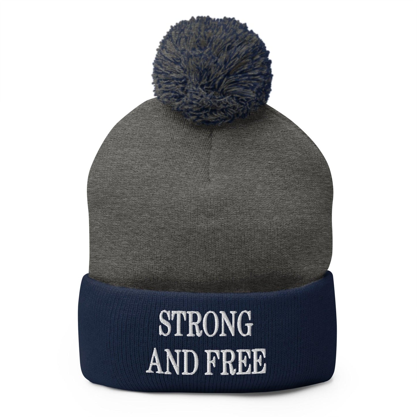 Strong and Free Embroidered Knit Pom Beanie - Dark Heather Grey/ Navy