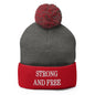 Strong and Free Embroidered Knit Pom Beanie - Dark Heather Grey/ Red