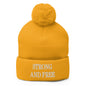 Strong and Free Embroidered Knit Pom Beanie - Gold