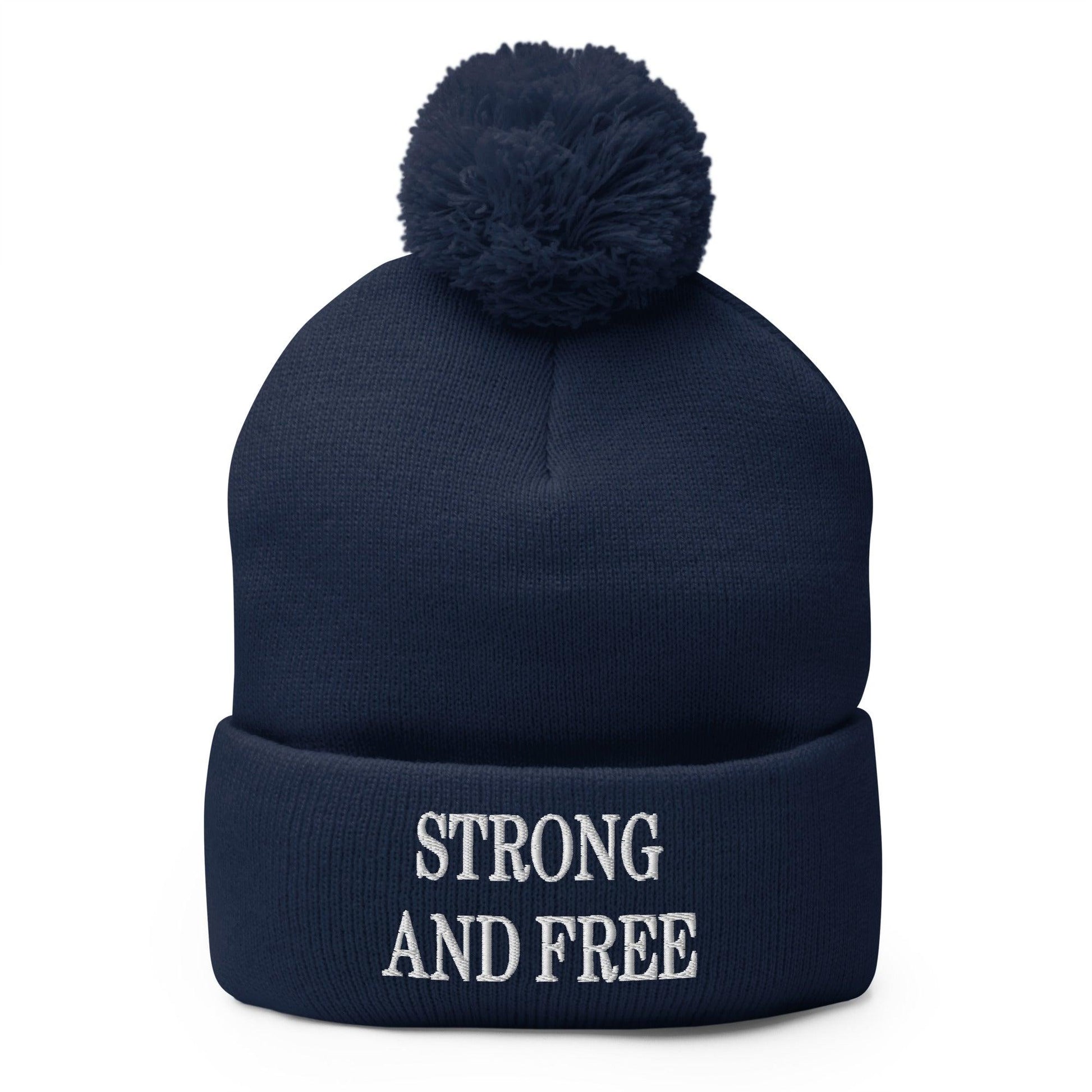 Strong and Free Embroidered Knit Pom Beanie - Navy