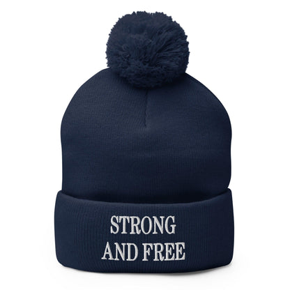 Strong and Free Embroidered Knit Pom Beanie - Navy