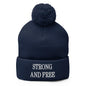Strong and Free Embroidered Knit Pom Beanie - Navy