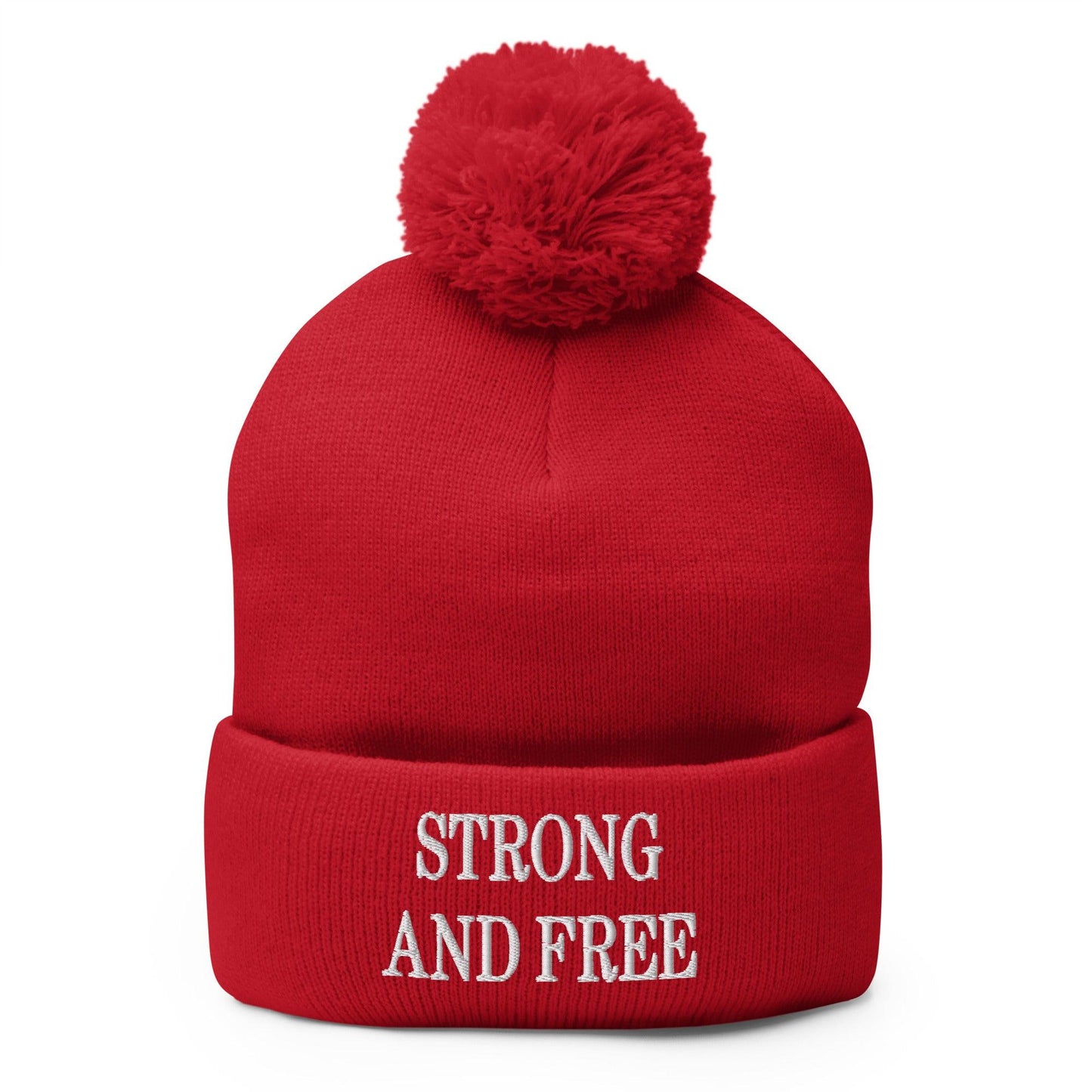 Strong and Free Embroidered Knit Pom Beanie - Red