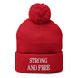 Strong and Free Embroidered Knit Pom Beanie - Red