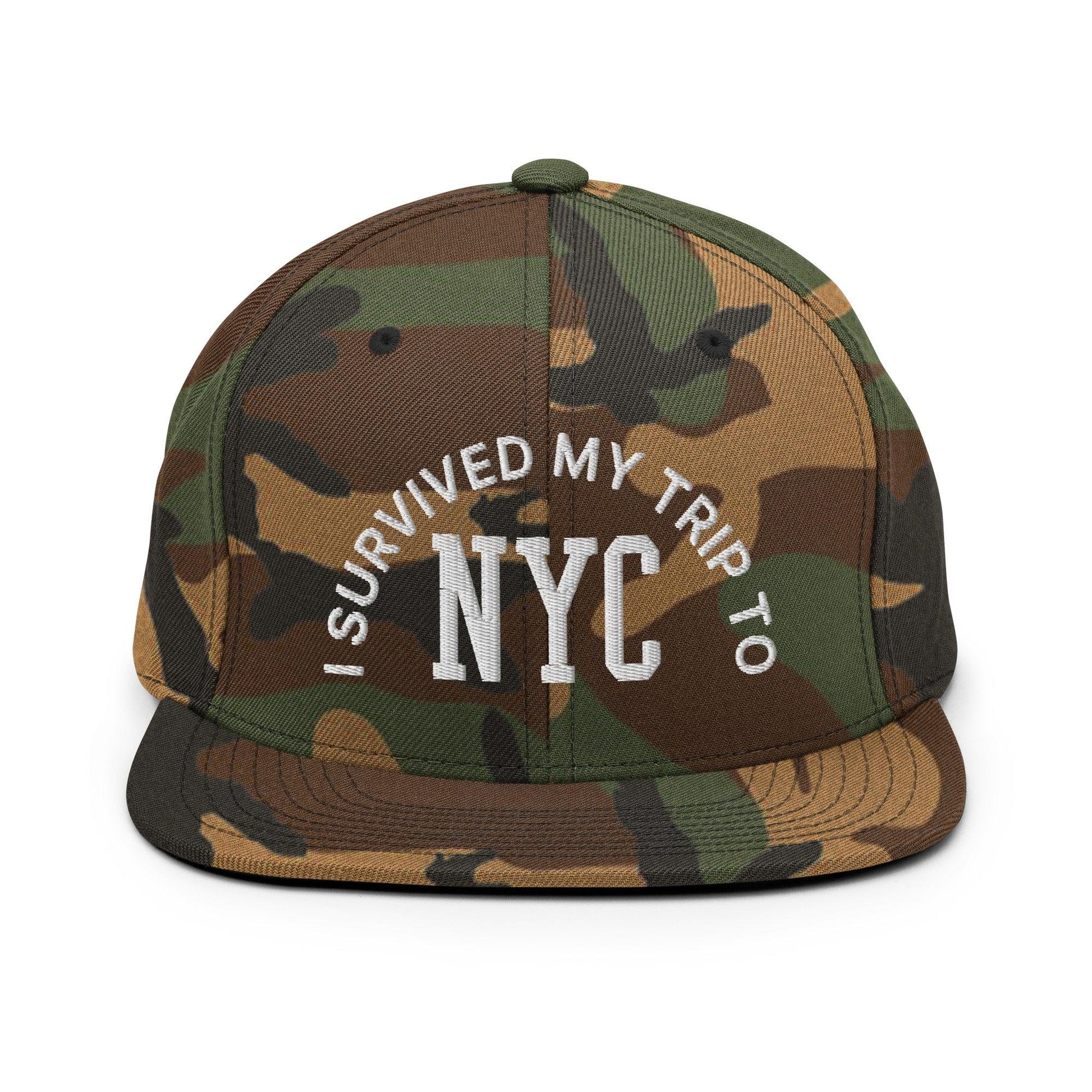 I Survived My Trip to NYC Embroidered Flat Bill Brim Snapback Hat - Green Camo