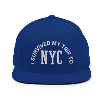I Survived My Trip to NYC Embroidered Flat Bill Brim Snapback Hat - Royal Blue