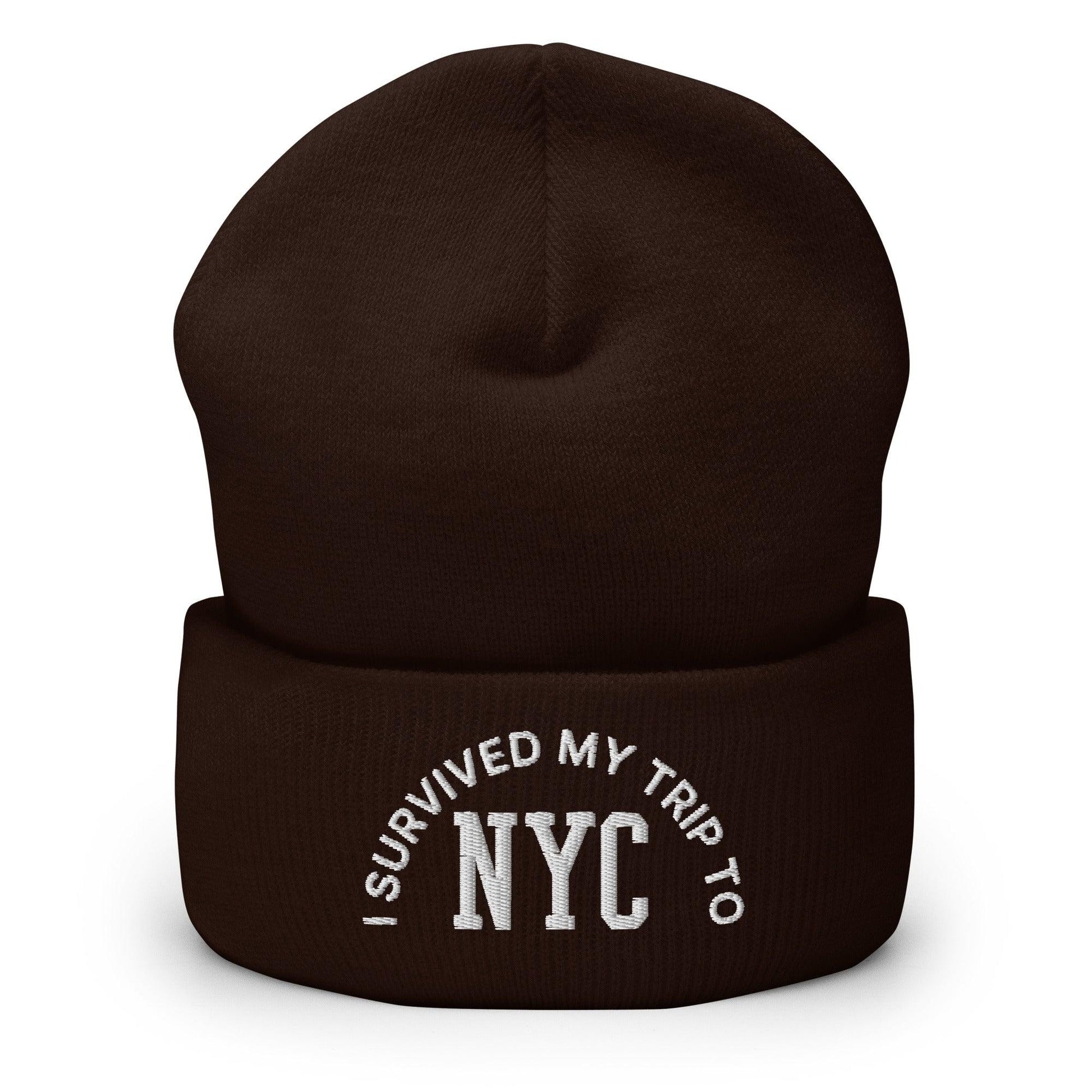 I Survived My Trip to NYC Embroidered Knit Cuffed Beanie - Brown