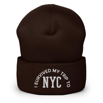 I Survived My Trip to NYC Embroidered Knit Cuffed Beanie - Brown