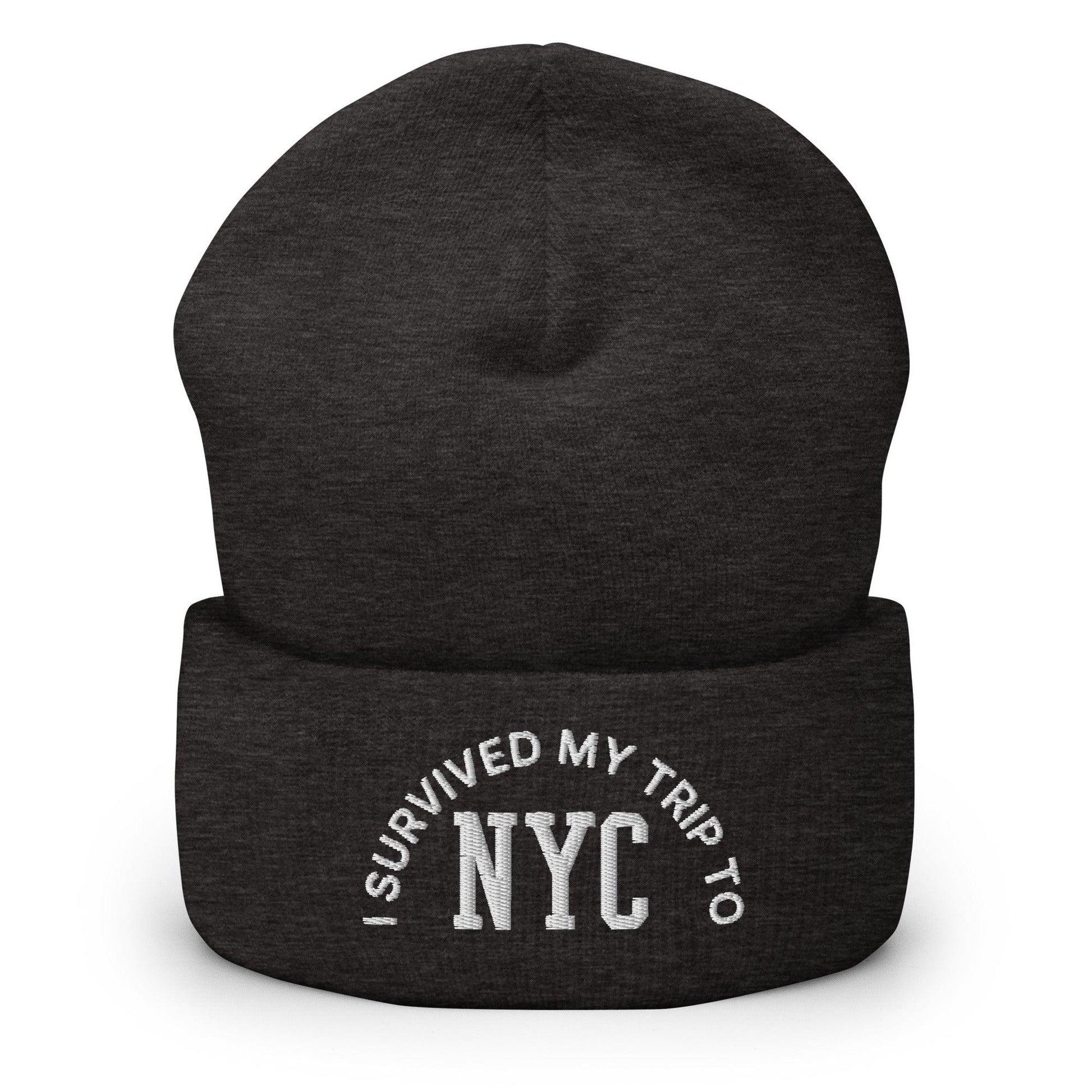 I Survived My Trip to NYC Embroidered Knit Cuffed Beanie - Dark Grey