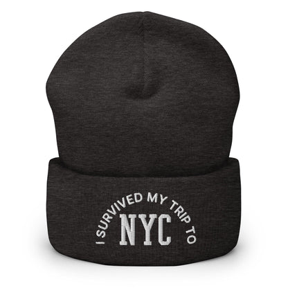 I Survived My Trip to NYC Embroidered Knit Cuffed Beanie - Dark Grey