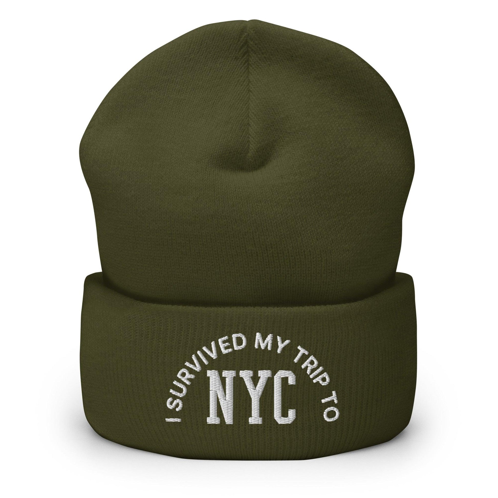 I Survived My Trip to NYC Embroidered Knit Cuffed Beanie - Olive