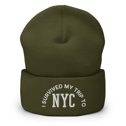 I Survived My Trip to NYC Embroidered Knit Cuffed Beanie - Olive
