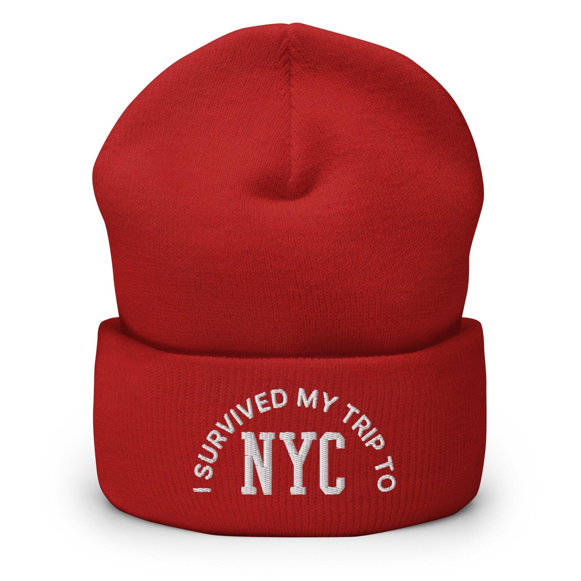 I Survived My Trip to NYC Embroidered Knit Cuffed Beanie - Red