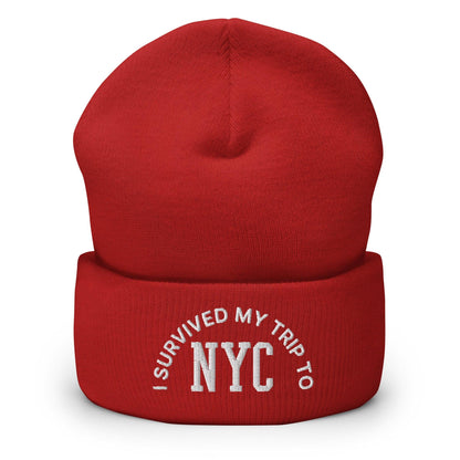 I Survived My Trip to NYC Embroidered Knit Cuffed Beanie - Red