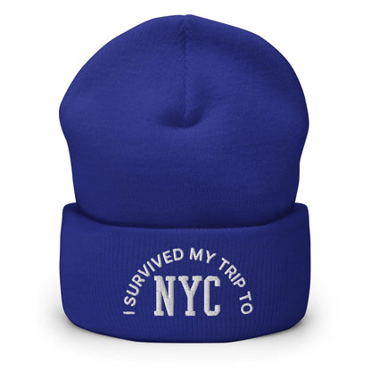 I Survived My Trip to NYC Embroidered Knit Cuffed Beanie - Royal