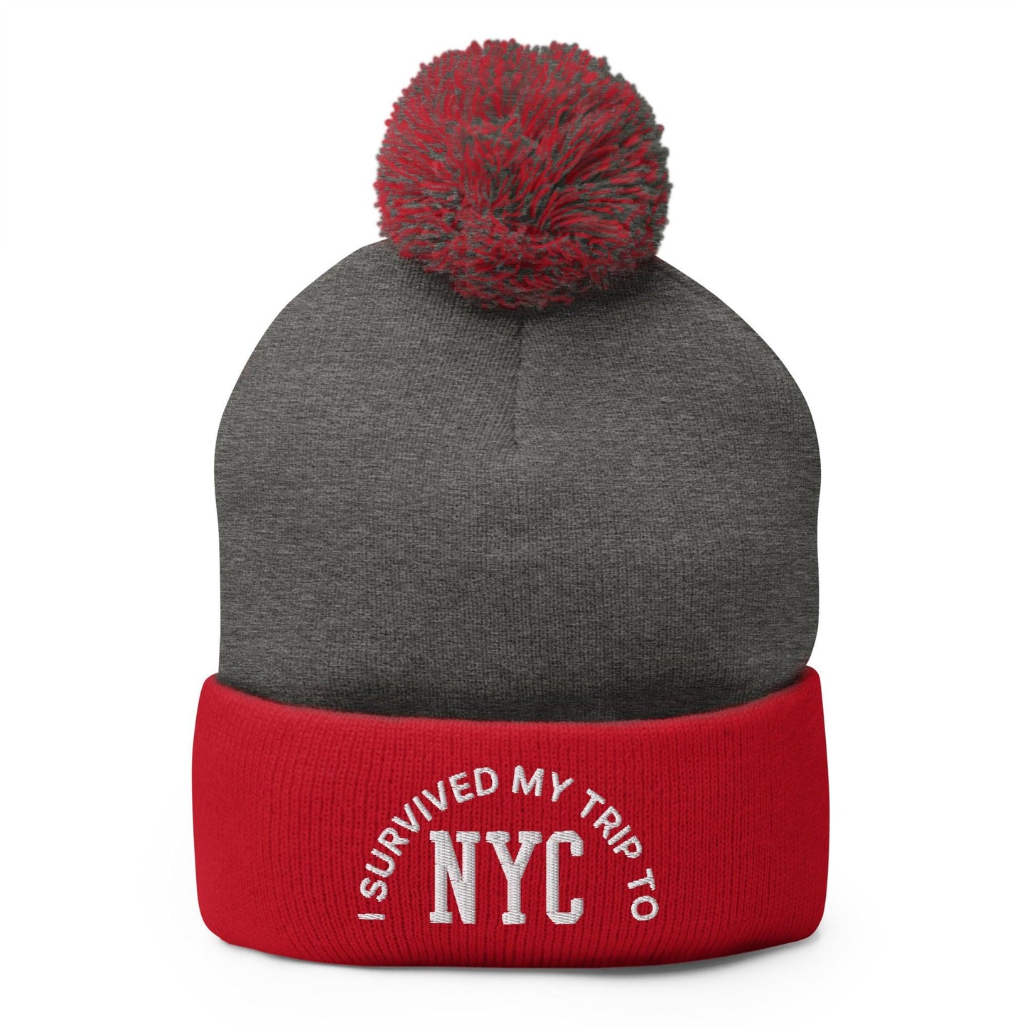 I Survived My Trip to NYC Embroidered Knit Pom Beanie - Dark Heather Grey/ Red