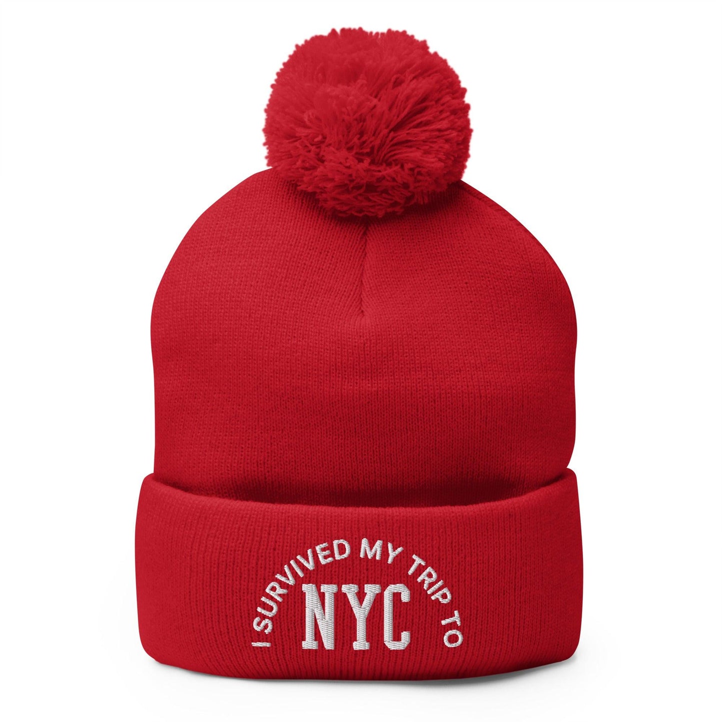 I Survived My Trip to NYC Embroidered Knit Pom Beanie - Red