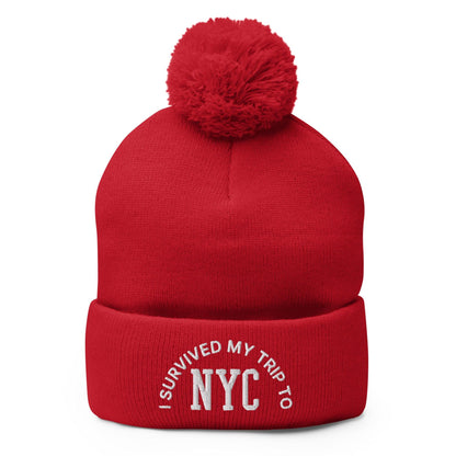 I Survived My Trip to NYC Embroidered Knit Pom Beanie - Red